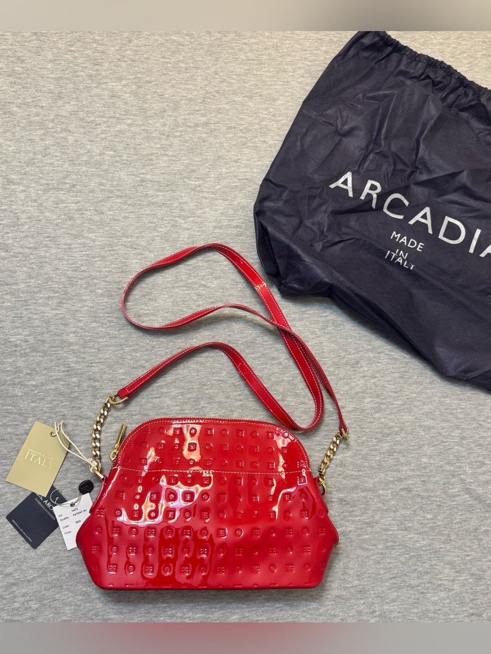 Arcadia Red Patent Leather Crossbody Shoulder Bag with Gold Chain
